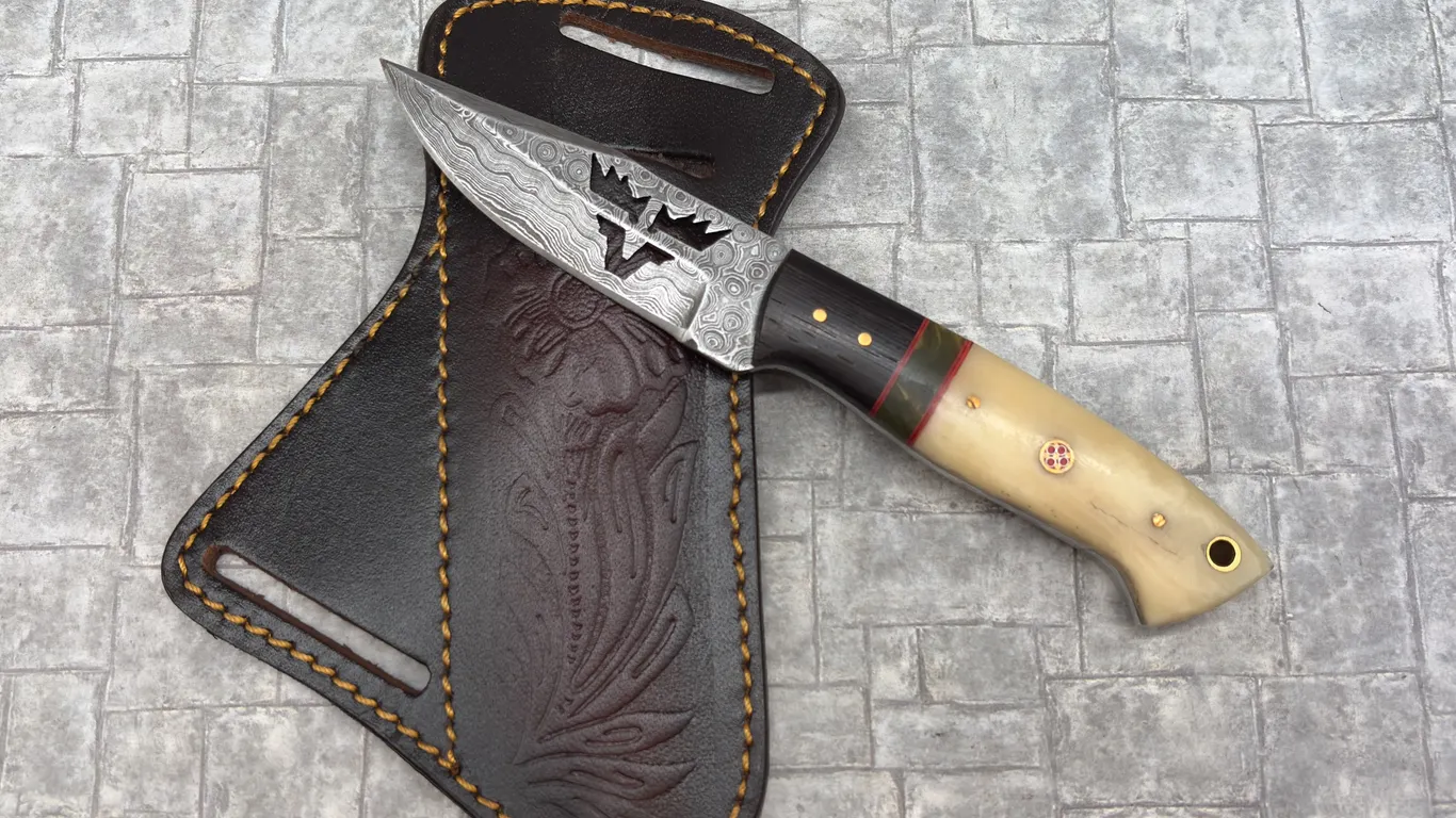Damascus Steel Knife with Resin Handle and Leather Sheath