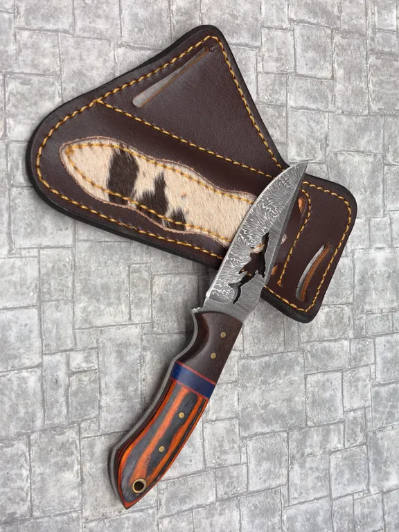 Damascus Steel Knife with Resin Handle and Leather Sheath