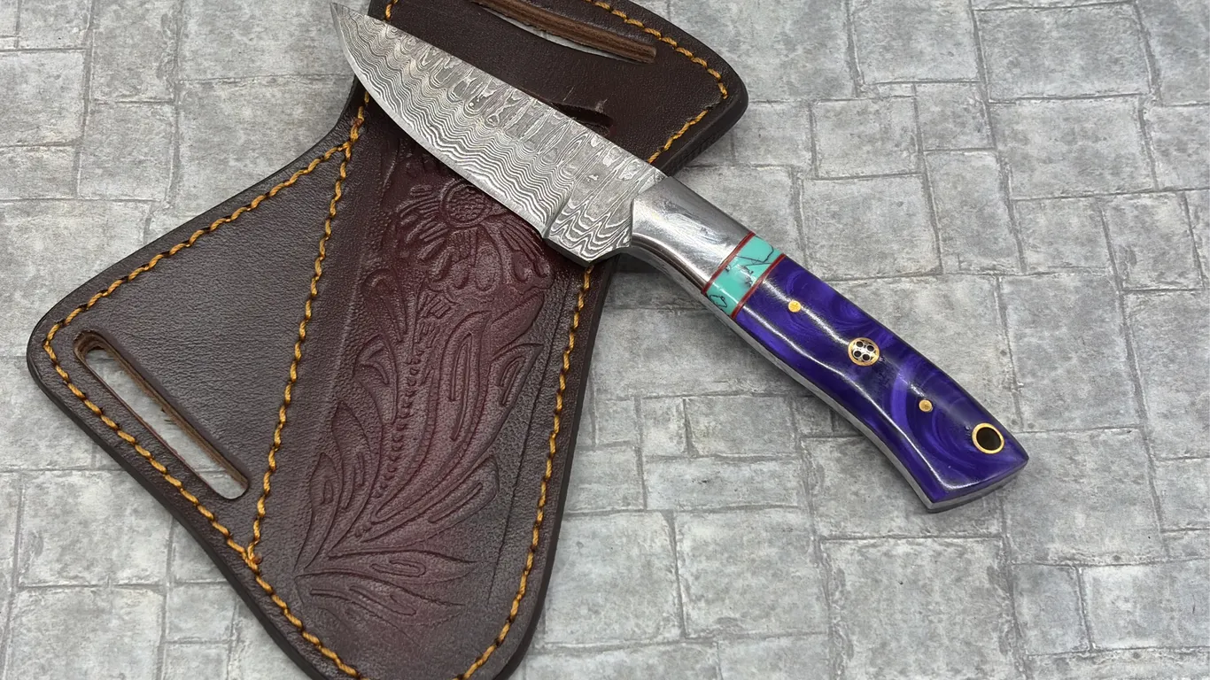 Damascus Steel Knife with Resin Handle and Leather Sheath