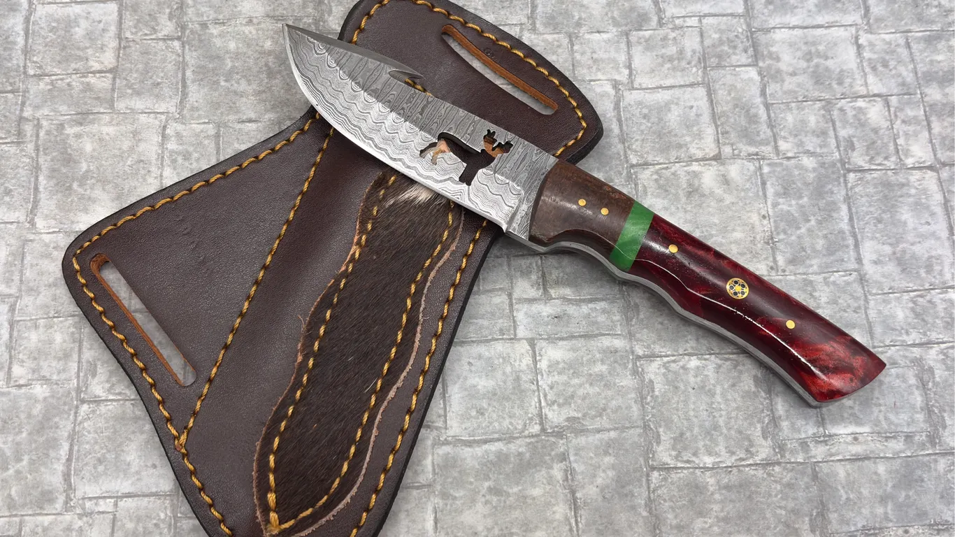 Damascus Steel Knife with Resin Handle and Leather Sheath