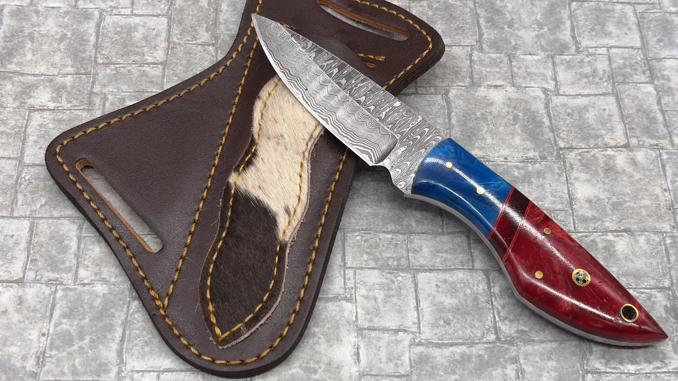 Damascus Steel Knife with Resin Handle and Leather Sheath