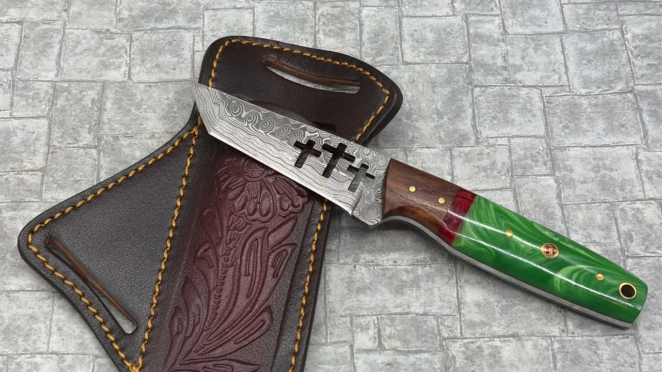 Damascus Steel Knife with Resin Handle and Leather Sheath