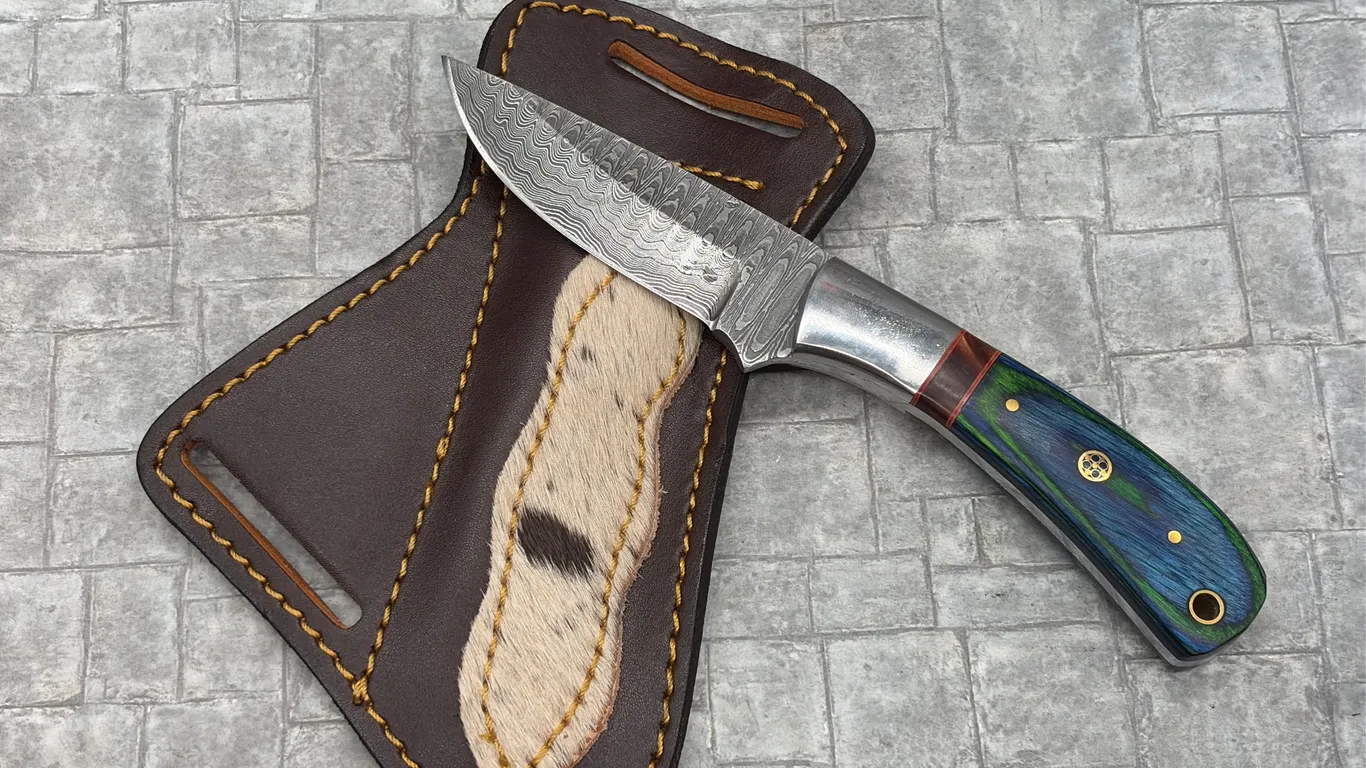 Damascus Steel Knife with Resin Handle and Leather Sheath