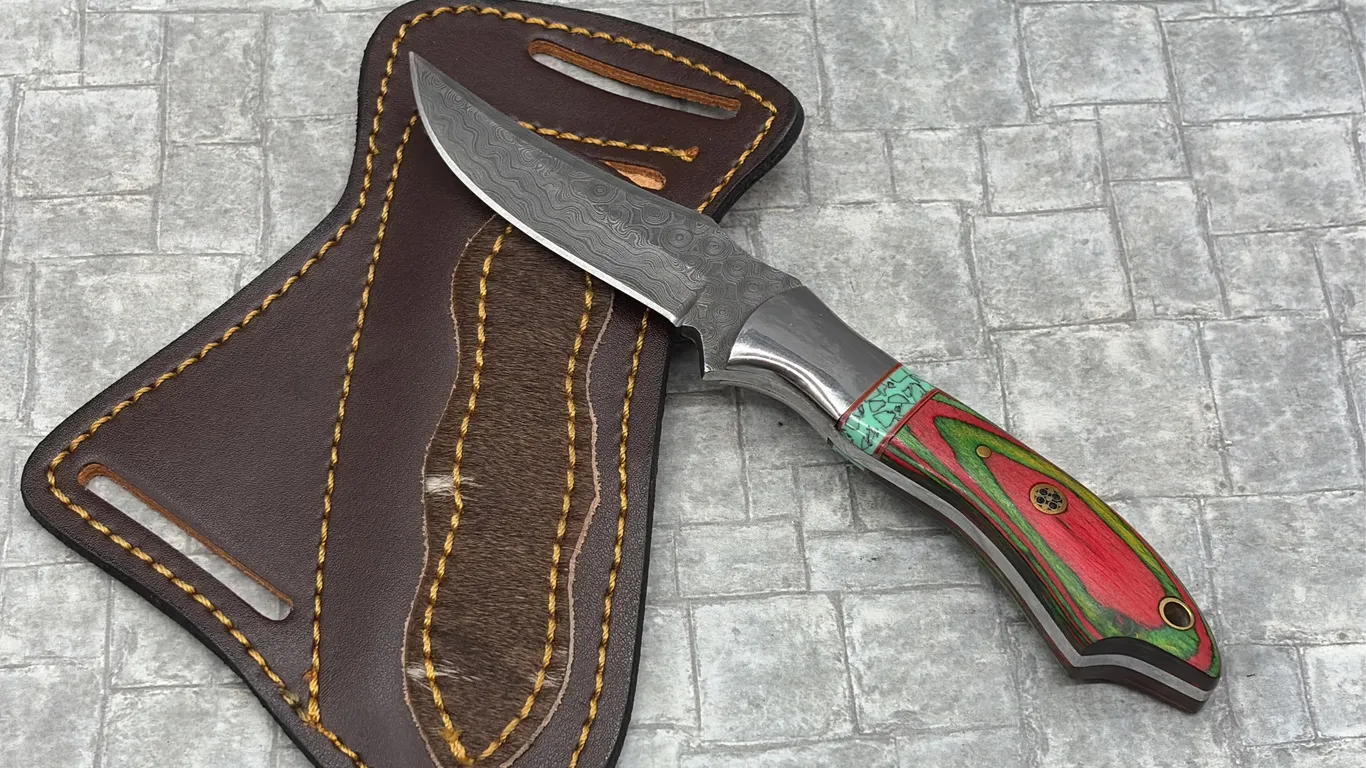 Damascus Steel Knife with Resin Handle and Leather Sheath