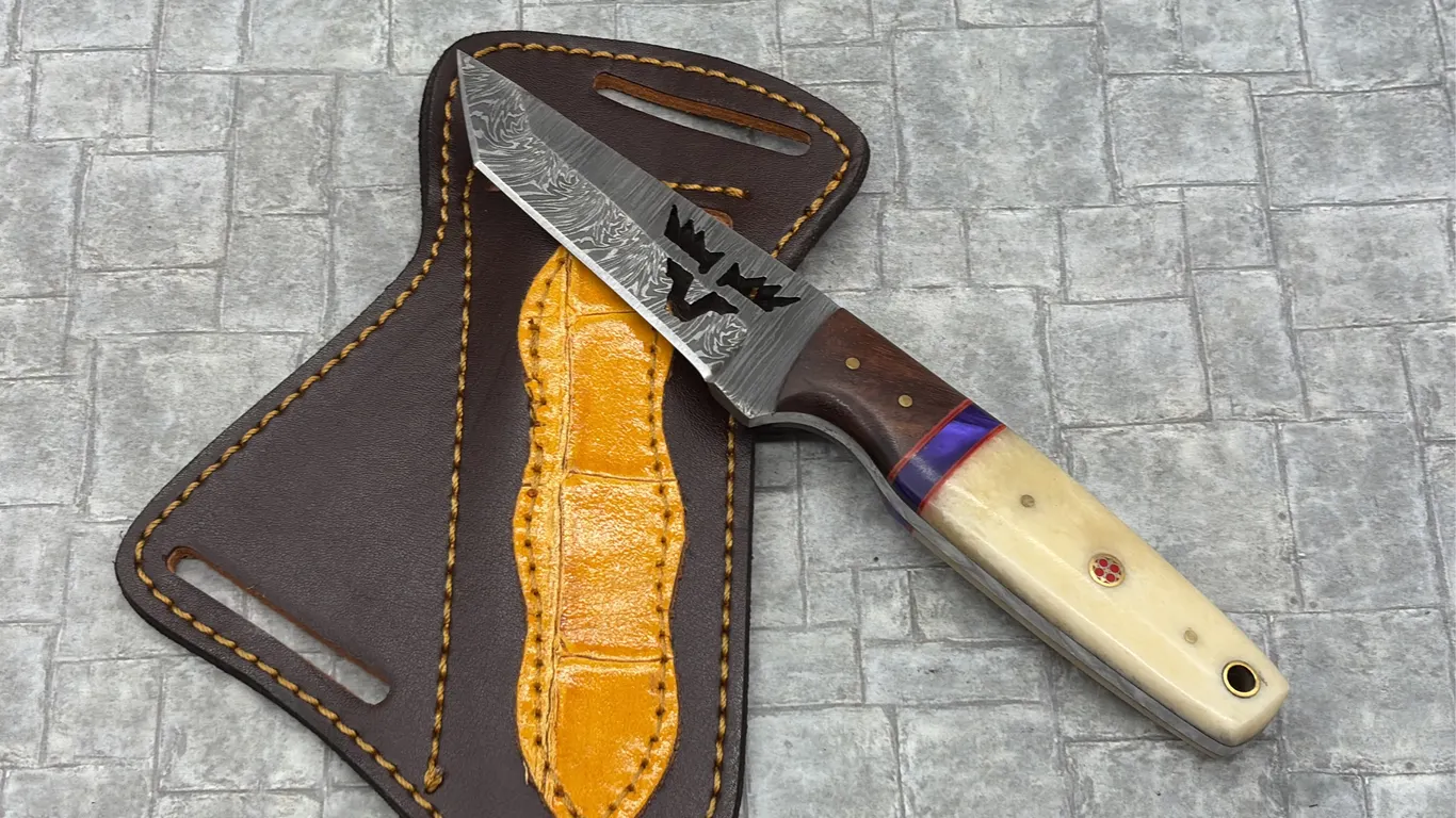 Damascus Steel Knife with Resin Handle and Leather Sheath