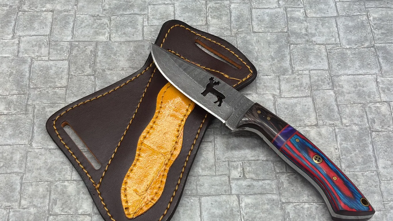 Damascus Steel Knife with Resin Handle and Leather Sheath