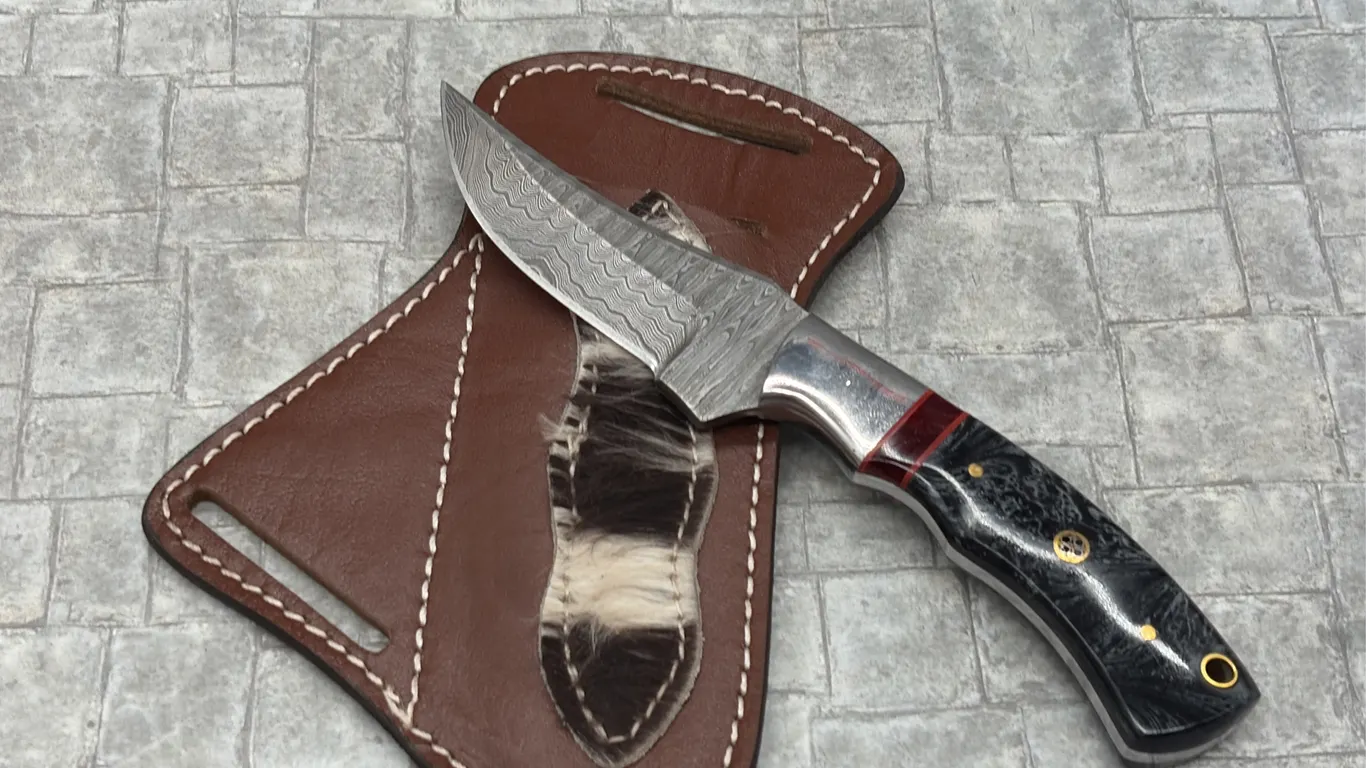 Damascus Steel Knife with Resin Handle and Leather Sheath