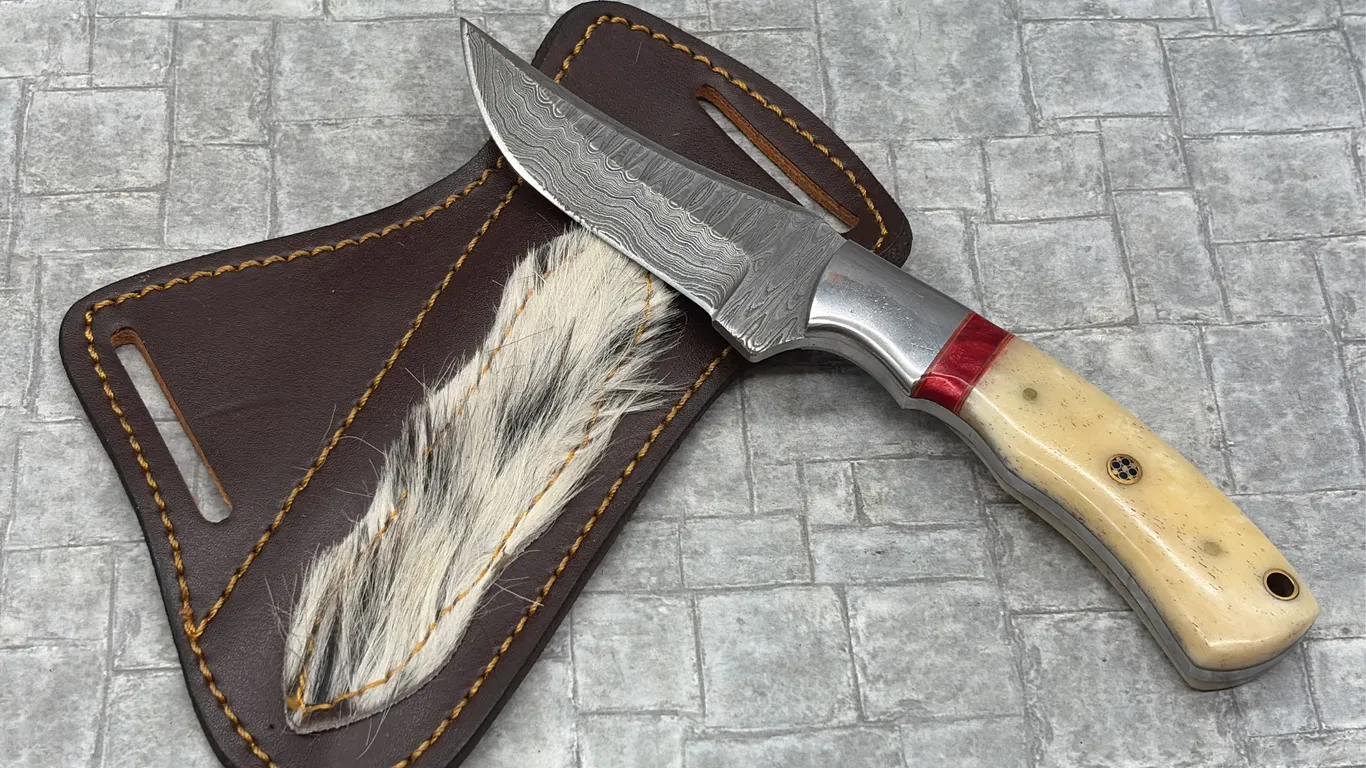 Damascus Steel Knife with Resin Handle and Leather Sheath