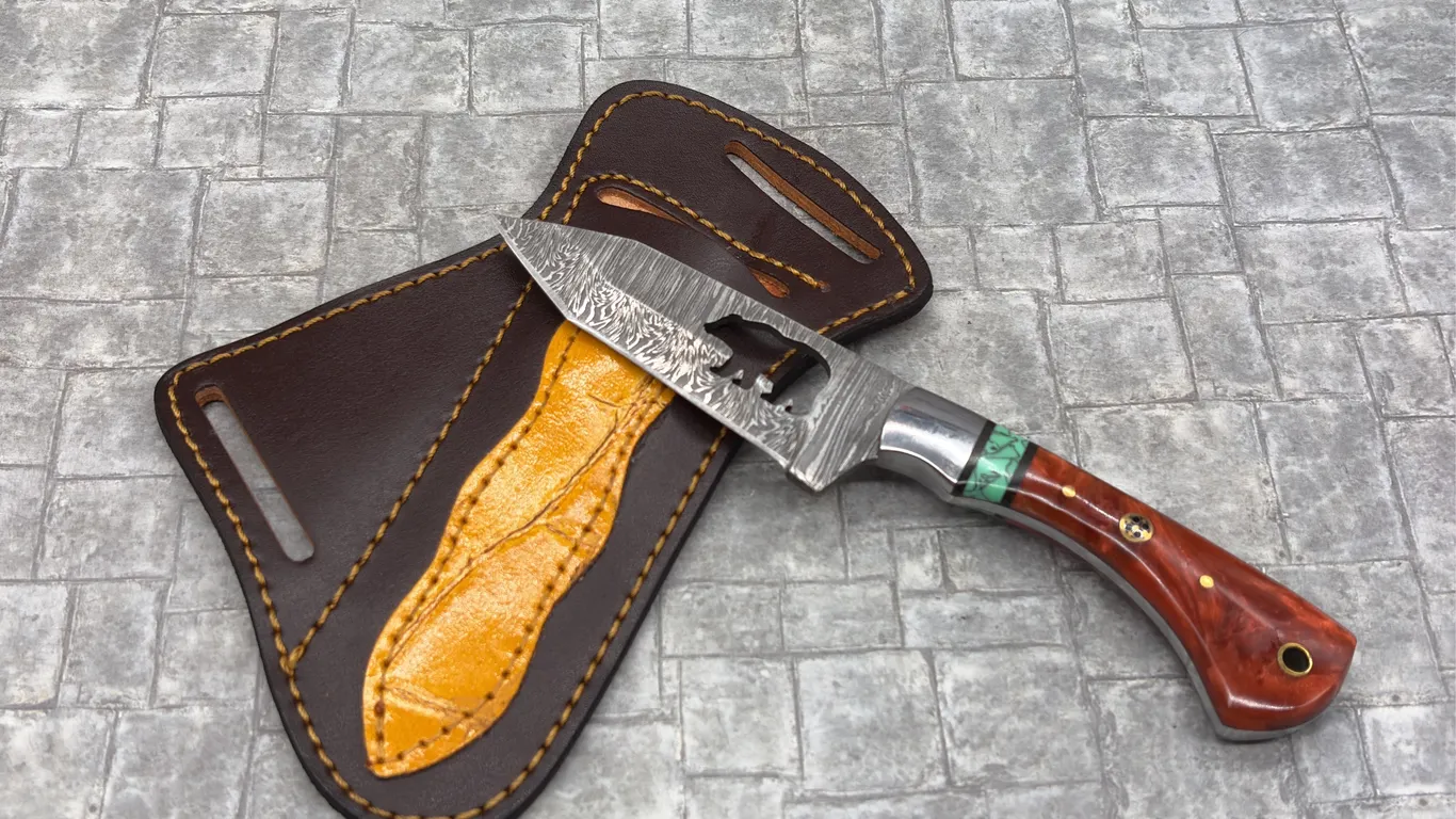 Damascus Steel Knife with Resin Handle and Leather Sheath