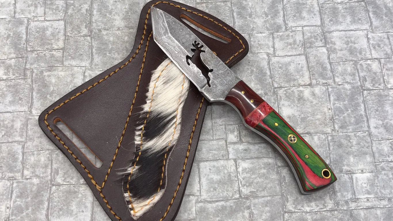 Damascus Steel Knife with Resin Handle and Leather Sheath