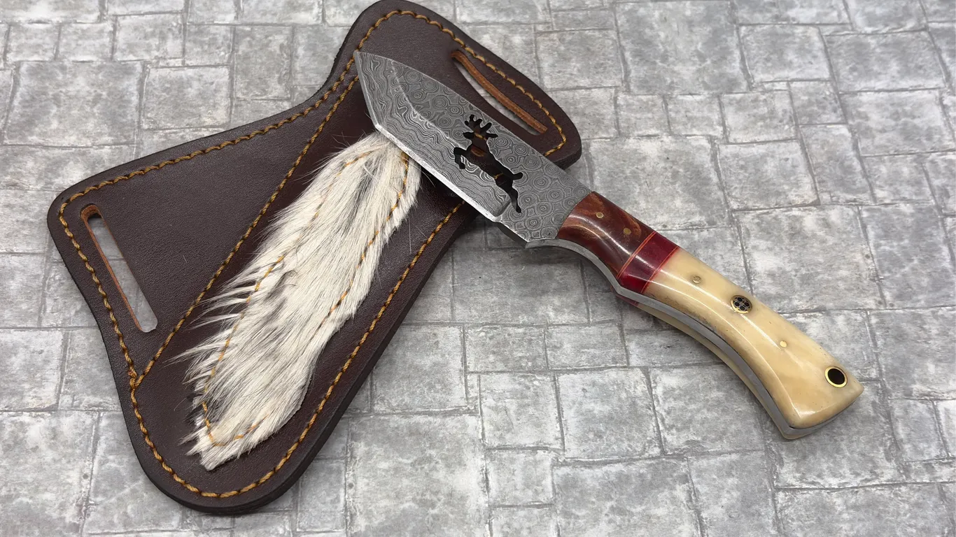 Damascus Steel Knife with Resin Handle and Leather Sheath