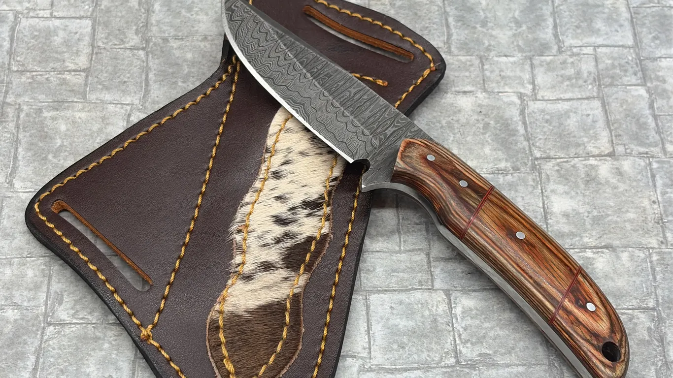 Damascus Steel Knife with Resin Handle and Leather Sheath
