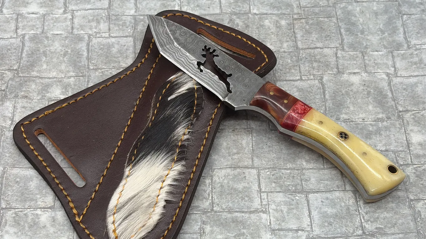 Damascus Steel Knife with Resin Handle and Leather Sheath