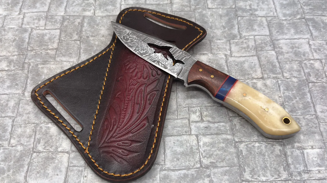 Damascus Steel Knife with Resin Handle and Leather Sheath