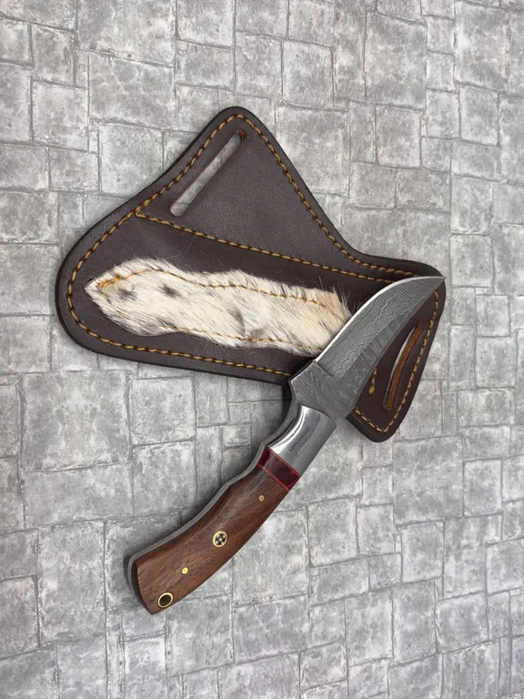 Damascus Steel Knife with Resin Handle and Leather Sheath