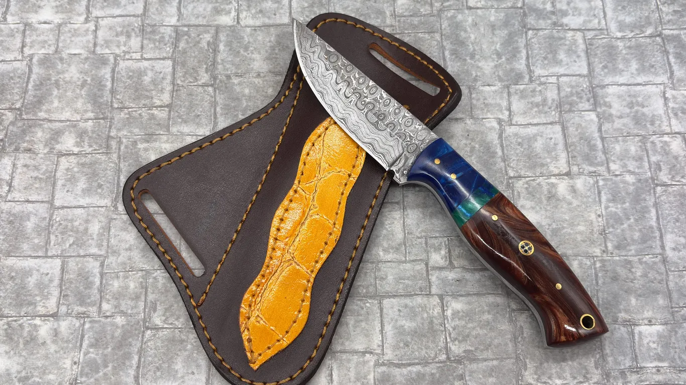 Damascus Steel Knife with Resin Handle and Leather Sheath