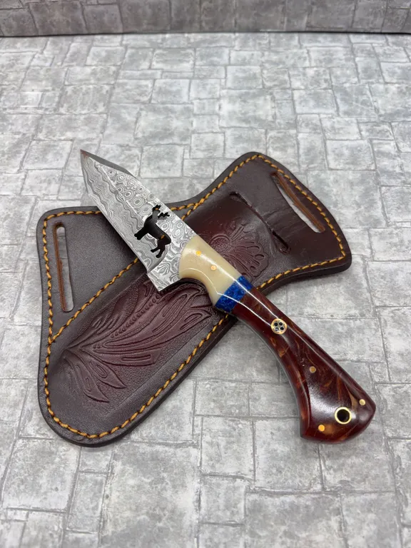 Damascus Steel Knife with Resin Handle and Leather Sheath