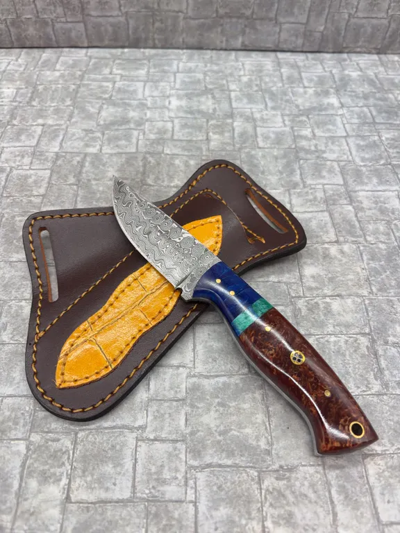 Damascus Steel Knife with Resin Handle and Leather Sheath
