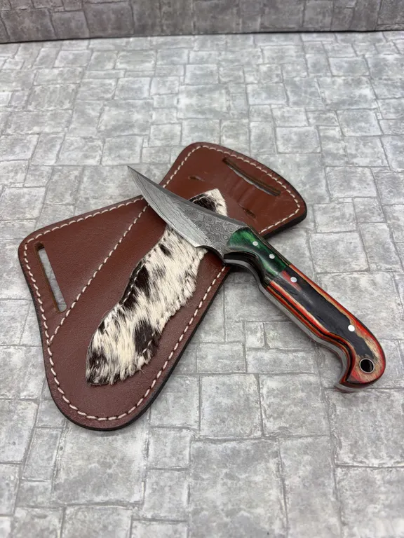 Damascus Steel Knife with Resin Handle and Leather Sheath