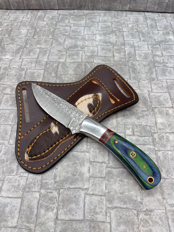 Damascus Steel Knife with Resin Handle and Leather Sheath