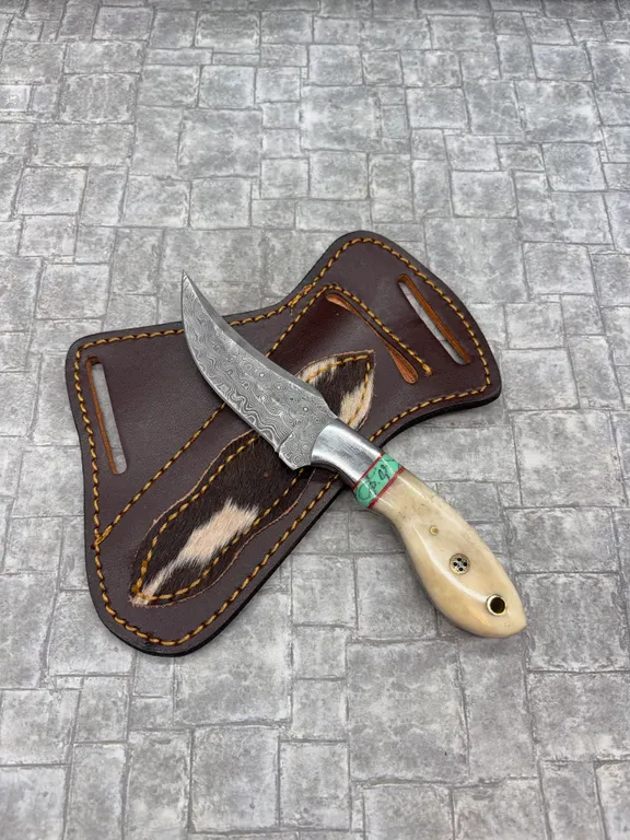 Damascus Steel Knife with Resin Handle and Leather Sheath
