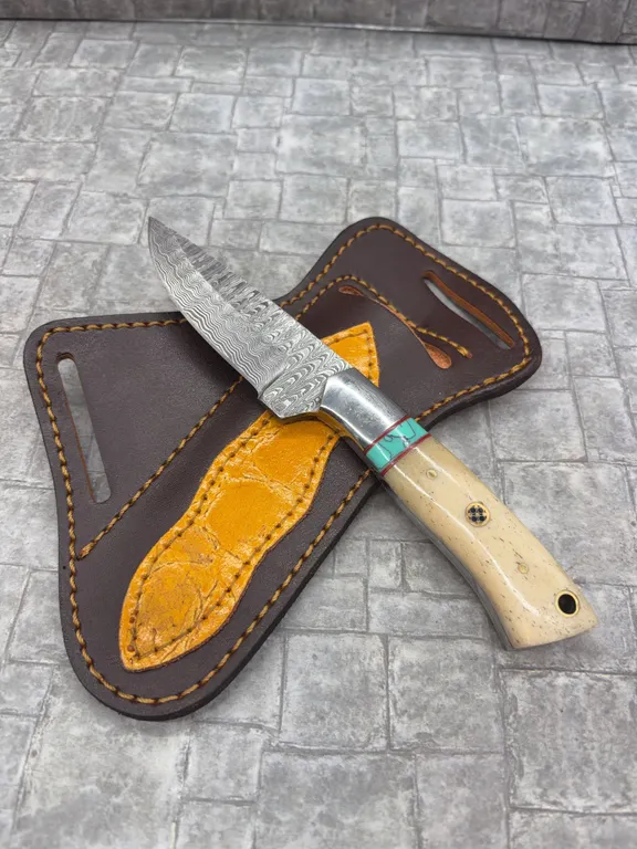 Damascus Steel Knife with Resin Handle and Leather Sheath
