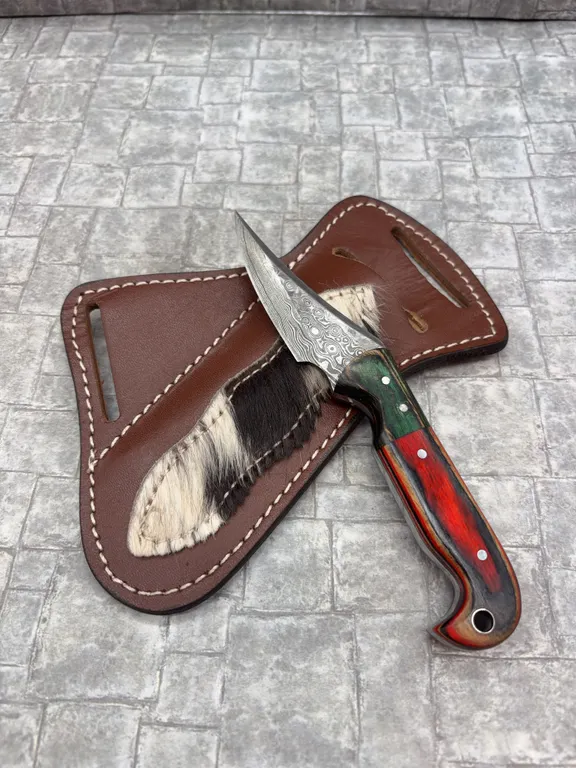 Damascus Steel Knife with Resin Handle and Leather Sheath