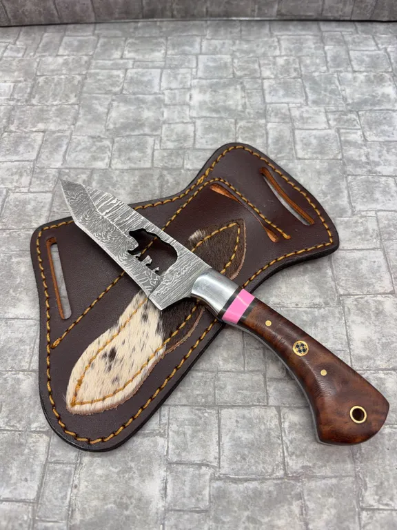 Damascus Steel Knife with Resin Handle and Leather Sheath