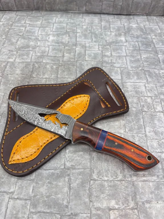 Damascus Steel Knife with Resin Handle and Leather Sheath