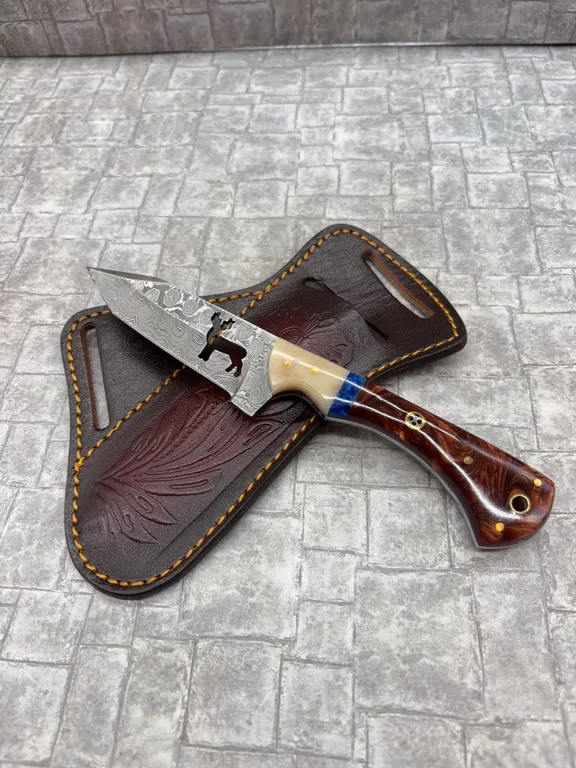 Damascus Steel Knife with Resin Handle and Leather Sheath