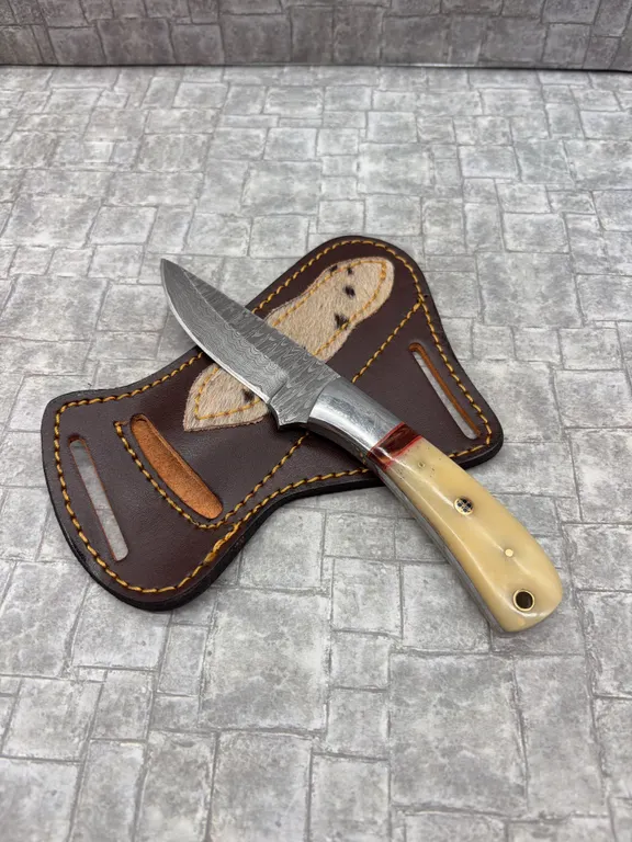 Damascus Steel Knife with Resin Handle and Leather Sheath