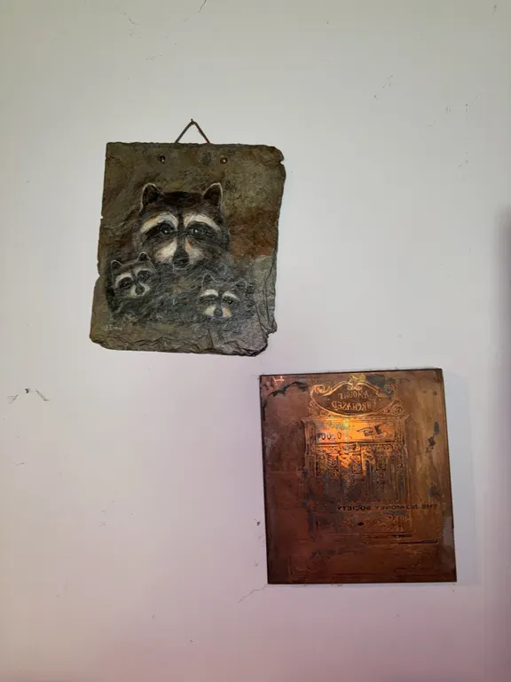 Raccoon painting, and money society stamp