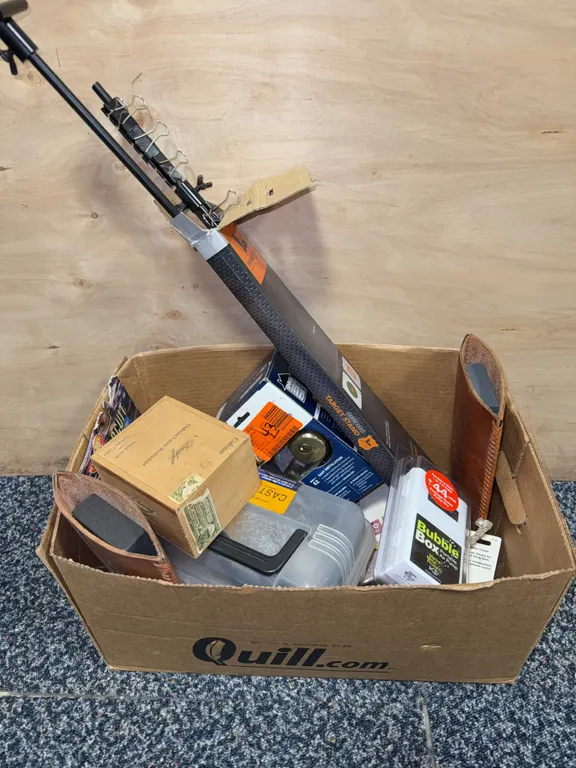 Box of miscellaneous fishing items, and hardware