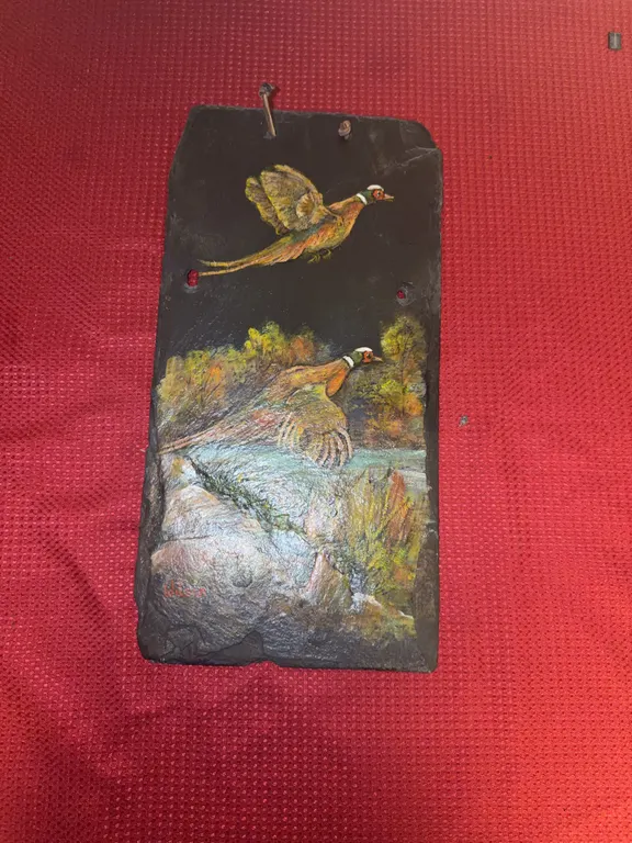 Piece of slate with pheasants painted on it 