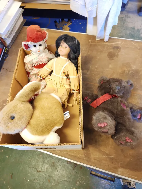 2 Porcelain Dolls & Stuffed Animals