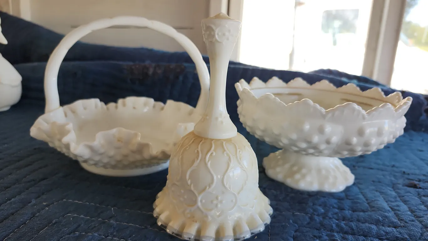 Fenton-Spanish Lace Bell, Hobnail Multi Candle Bowl, & Hobnail Basket W/Ruffle