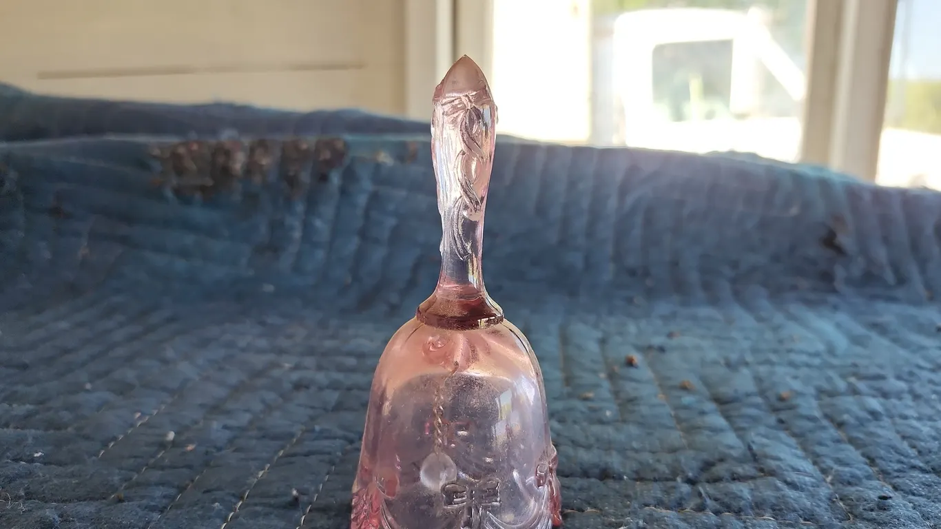 Fenton Pink Bow & Drape Glass Bell, Small Chip 4.5" Tall