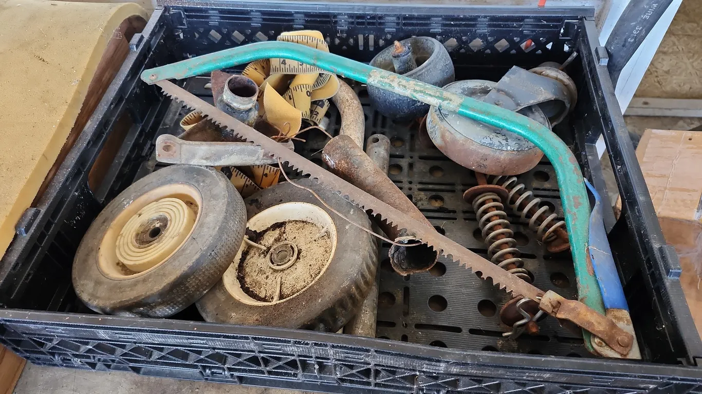 Crate, Wheels, Bow Saw, Etc.