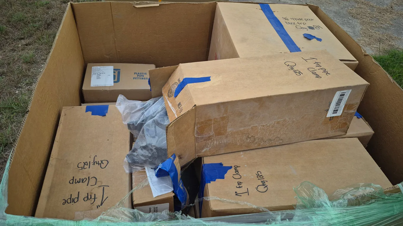 5 BOXES OF PVC FITTINGS, VALVES, ROSEMOUNT FLOW METERS
