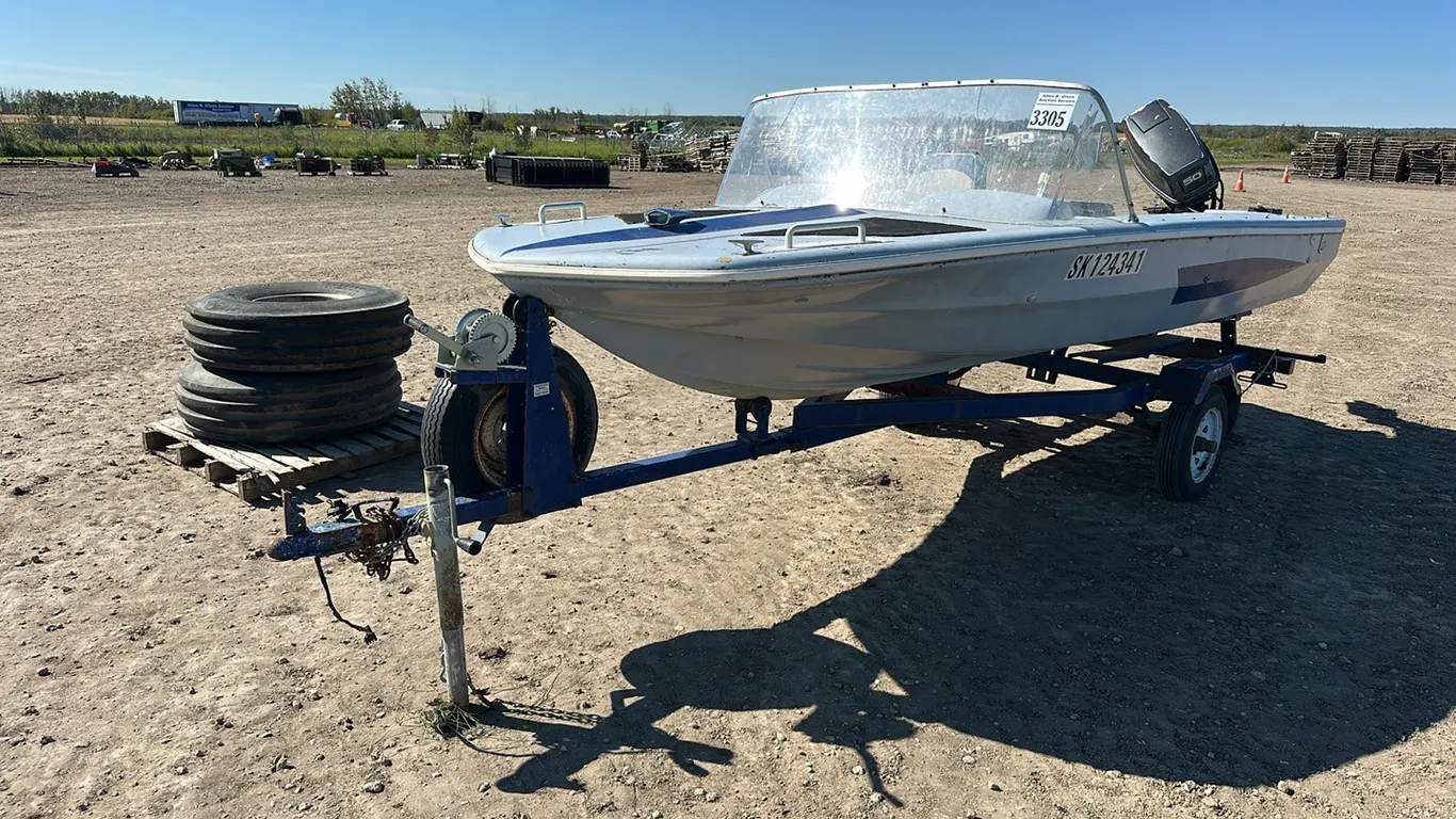 12' BOAT ON TRAILER AND TRAILER. JOHNSON MOTOR