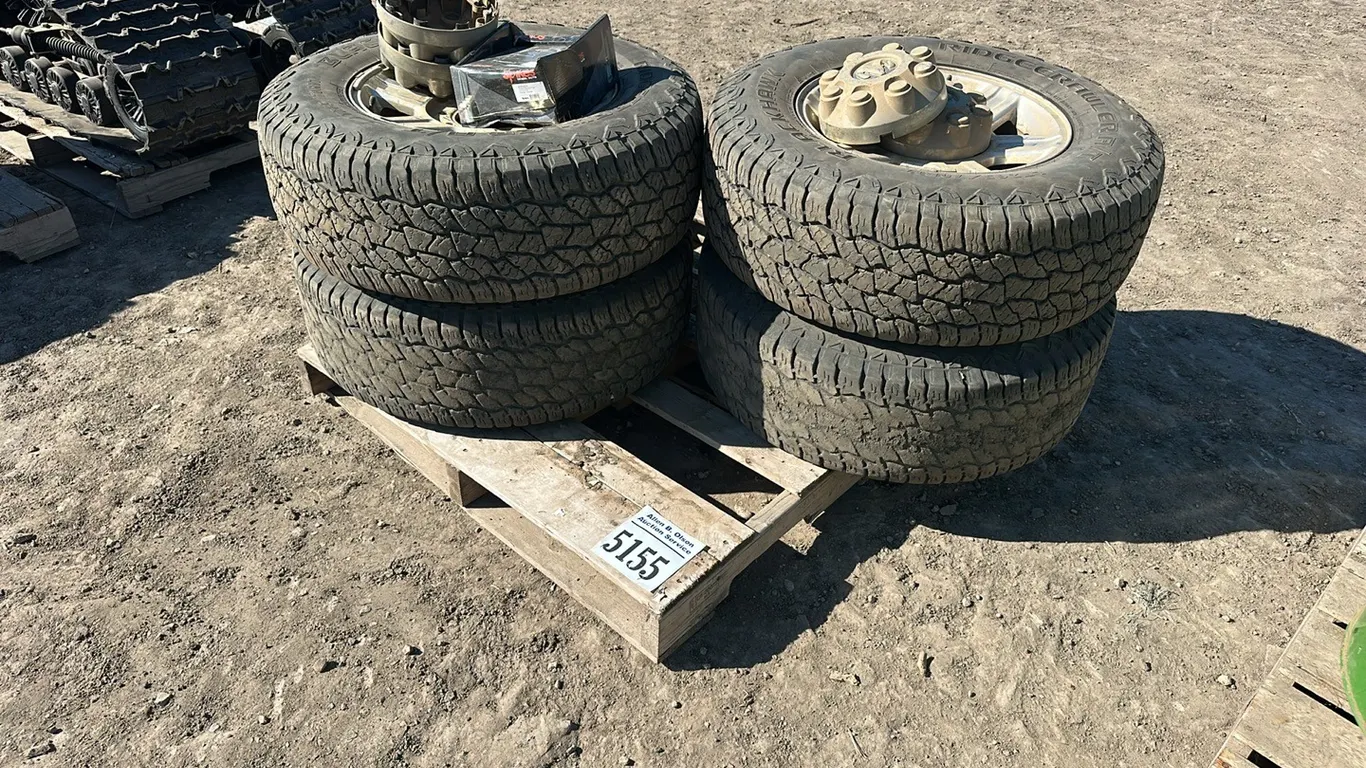4 - BLACKHAWK RIDGECRAWLER A/T TIRES LT265/70R17 W/ 8 BOLT RIMS & DODGE HUBCAPS & SPIKES WHEEL NUTS