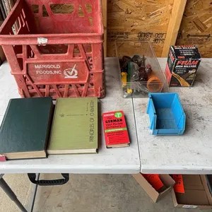 Tools, oil filters, and books