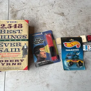 Toy cars, flashlight holder, and quote book