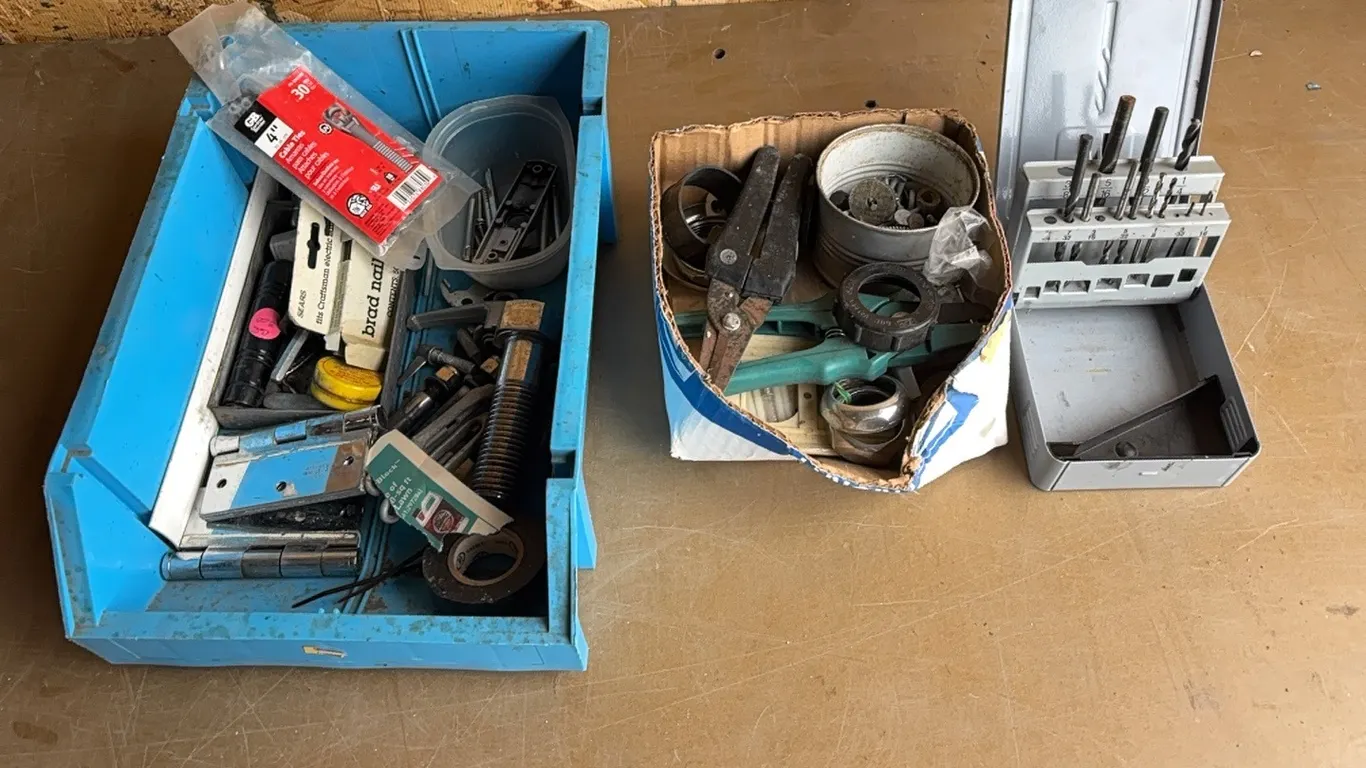 Hinges, drill bits, and misc items