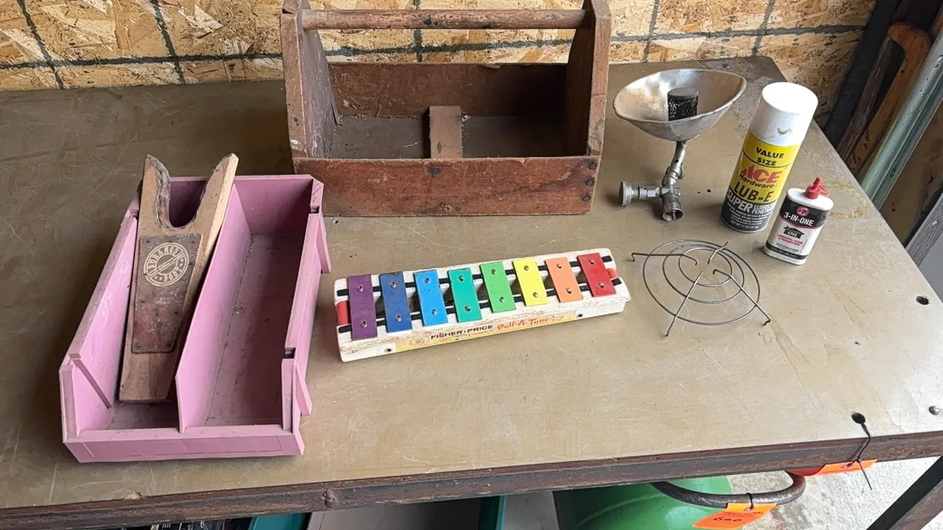Propane heater, xylophone, part storage, and oils