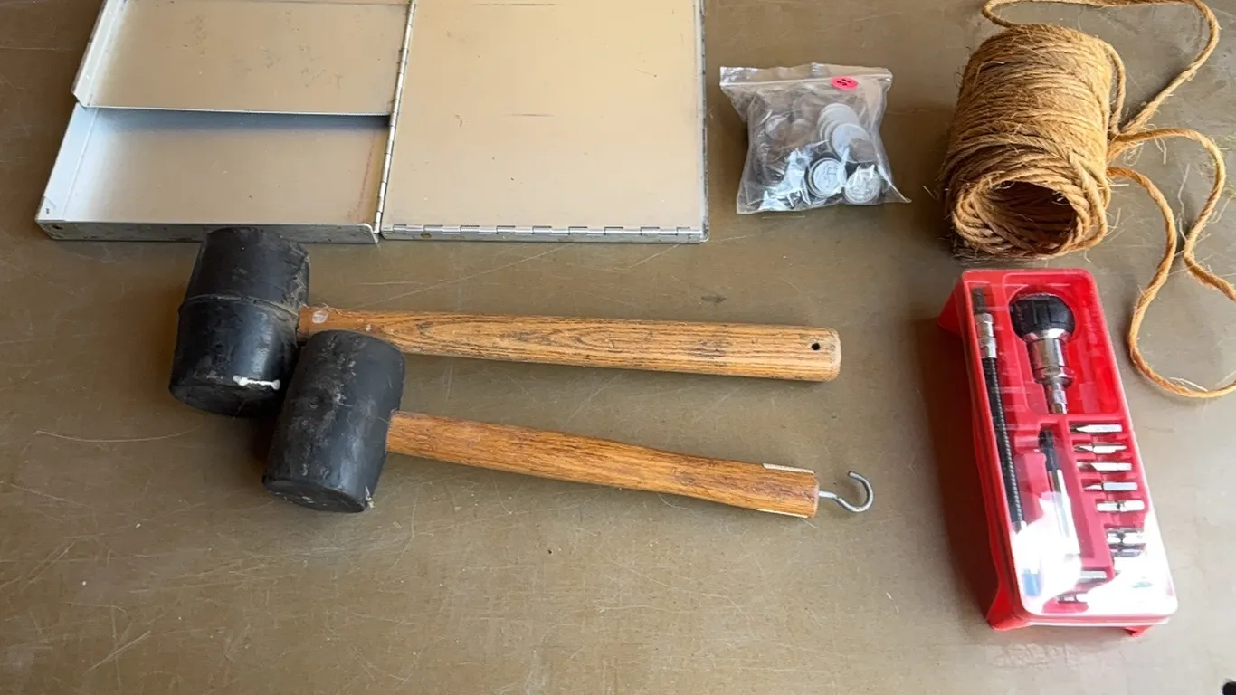 Clipboard, mallets, screw driver set, and twine