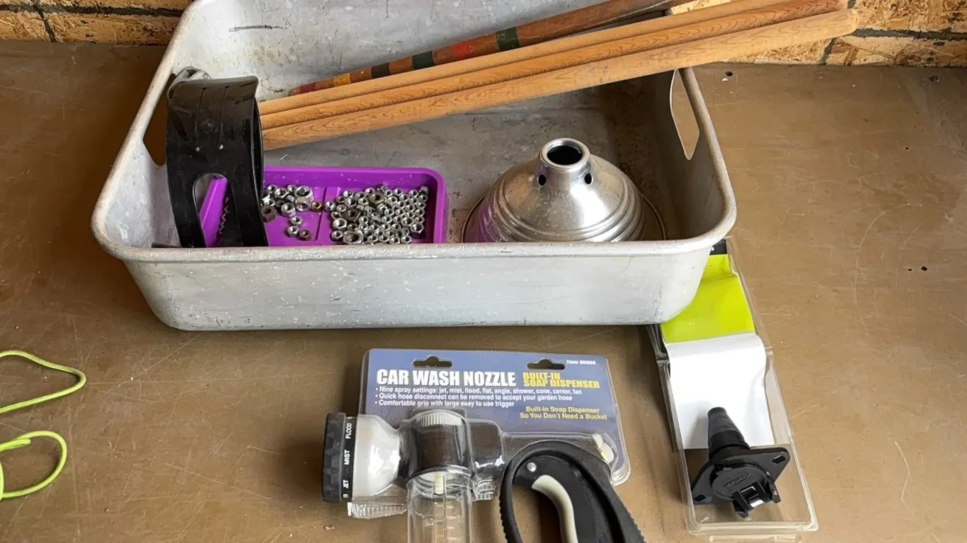 Car wash nozzle, vehicle connector, nuts, and wood handles