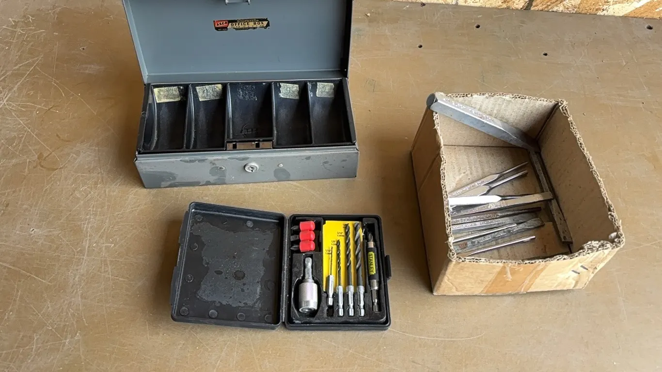 Chisels and punches, drill set, and office box