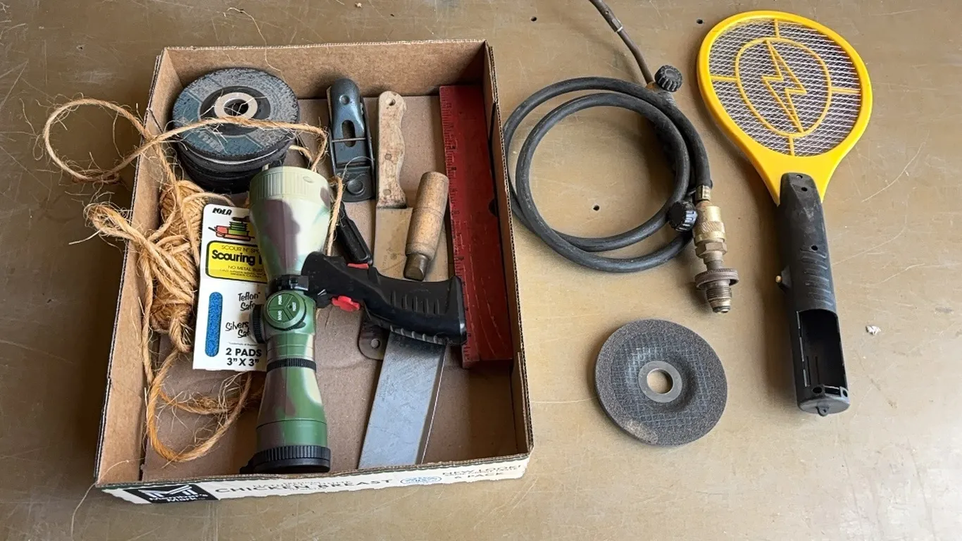 Electric fly swatter, grinding wheel, propane torch, and misc