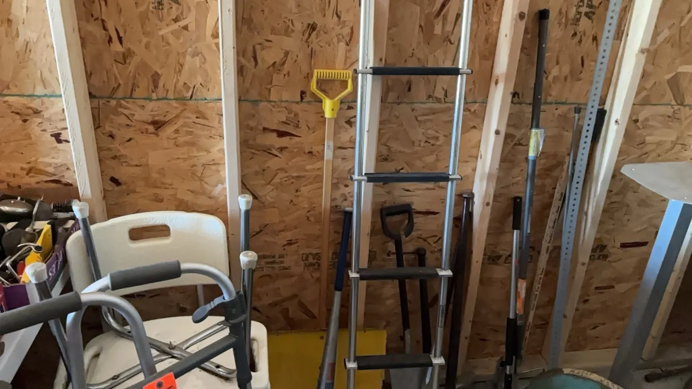 Pool ladder, bat, and shovel